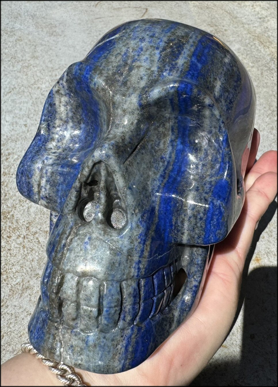 LifeSize Lapis Lazuli Crystal Skull with Highly Fluorescent UV Reactive Calcite inclusions