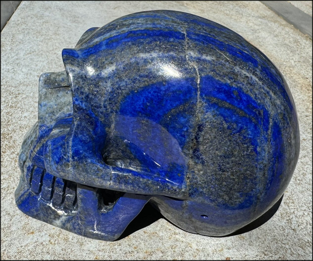 LifeSize Lapis Lazuli Crystal Skull with Highly Fluorescent UV Reactive Calcite inclusions