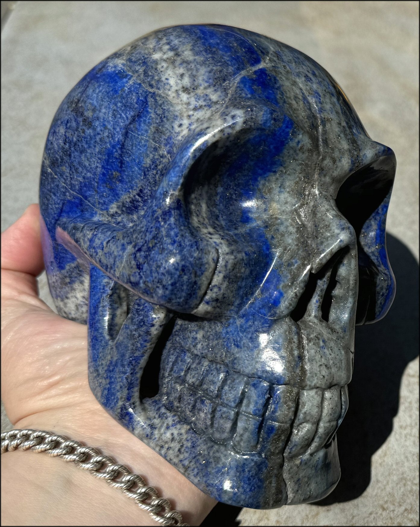 LifeSize Lapis Lazuli Crystal Skull with Highly Fluorescent UV Reactive Calcite inclusions