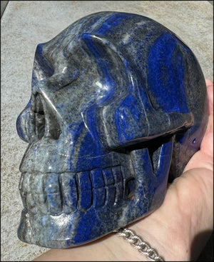 LifeSize Lapis Lazuli Crystal Skull with Highly Fluorescent UV Reactive Calcite inclusions