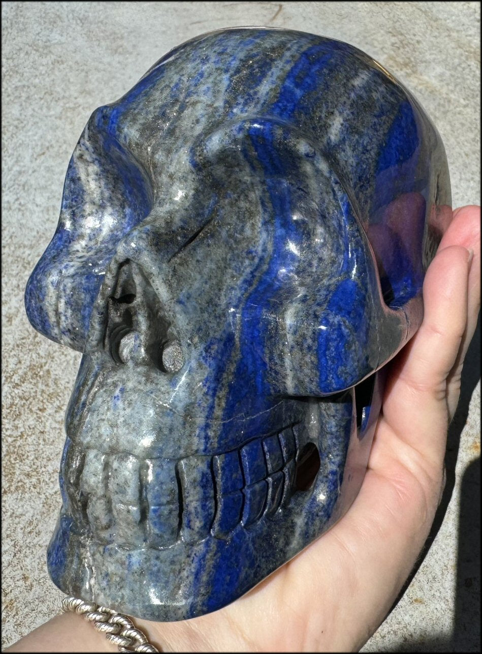 LifeSize Lapis Lazuli Crystal Skull with Highly Fluorescent UV Reactive Calcite inclusions