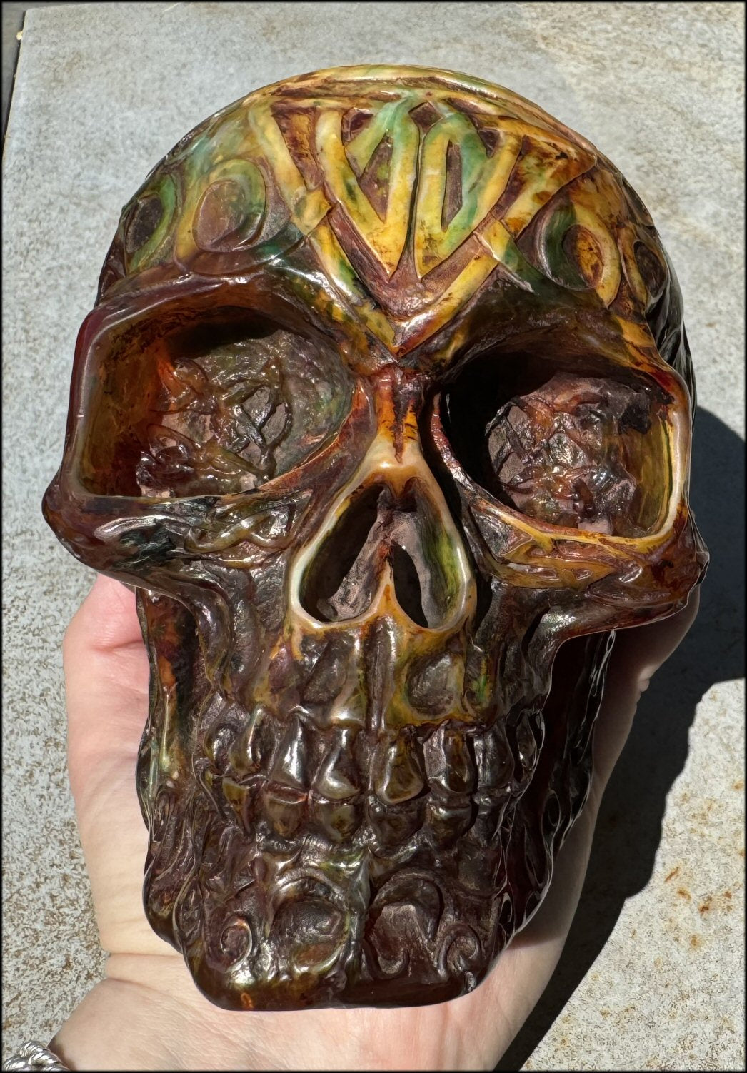 LifeSize Reconstituted Amber Crystal Skull with Celtic Knot Animals & Finger Labyrinths