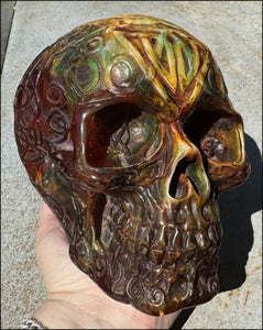 LifeSize Reconstituted Amber Crystal Skull with Celtic Knot Animals & Finger Labyrinths