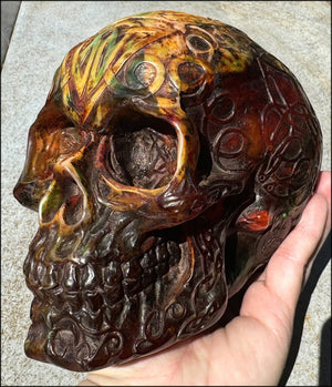 LifeSize Reconstituted Amber Crystal Skull with Celtic Knot Animals & Finger Labyrinths