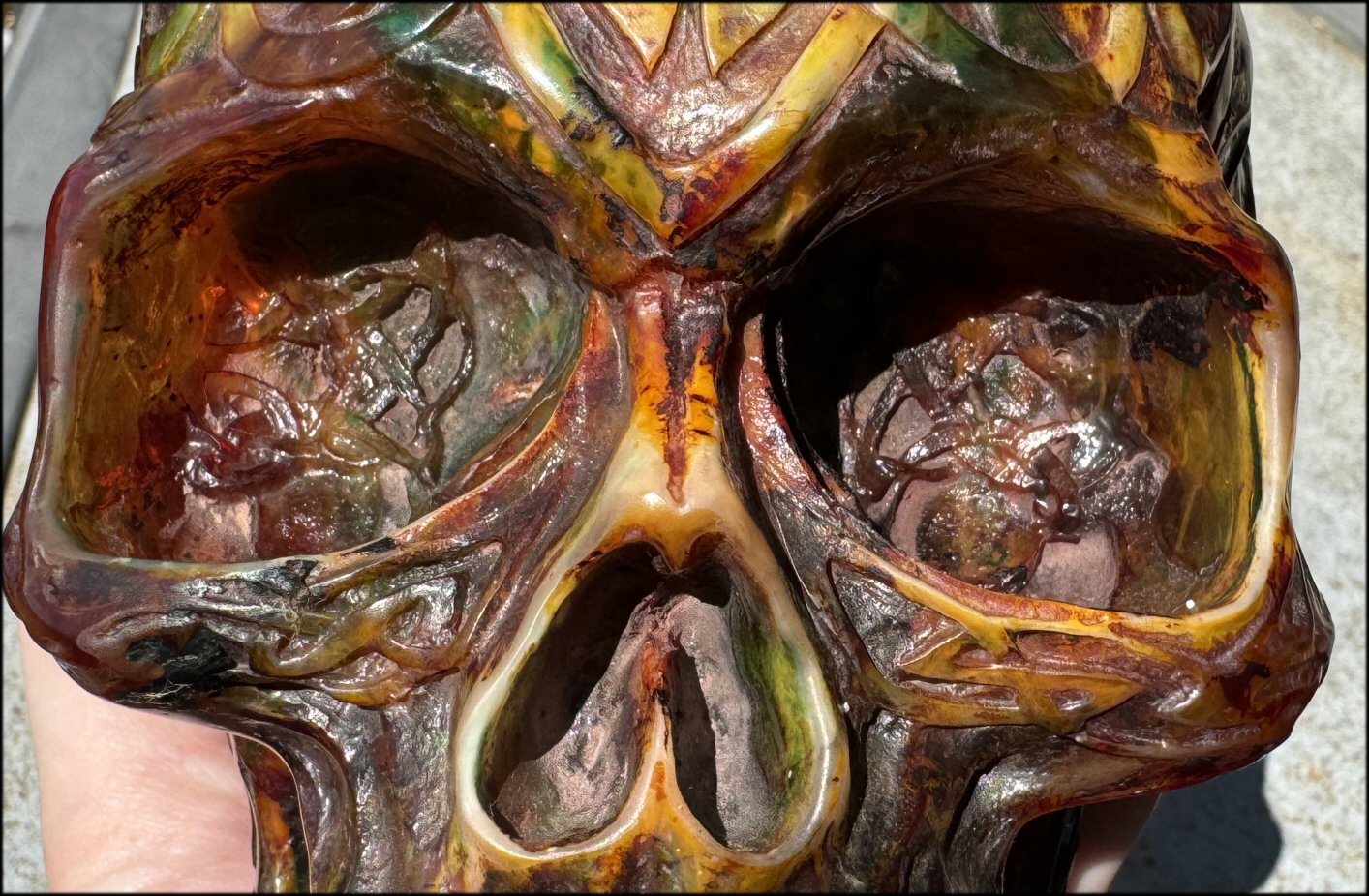 LifeSize Reconstituted Amber Crystal Skull with Celtic Knot Animals & Finger Labyrinths