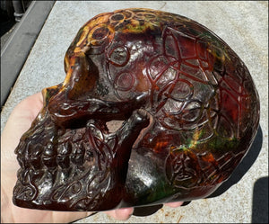 LifeSize Reconstituted Amber Crystal Skull with Celtic Knot Animals & Finger Labyrinths