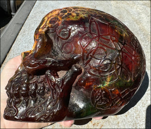 LifeSize Reconstituted Amber Crystal Skull with Celtic Knot Animals & Finger Labyrinths