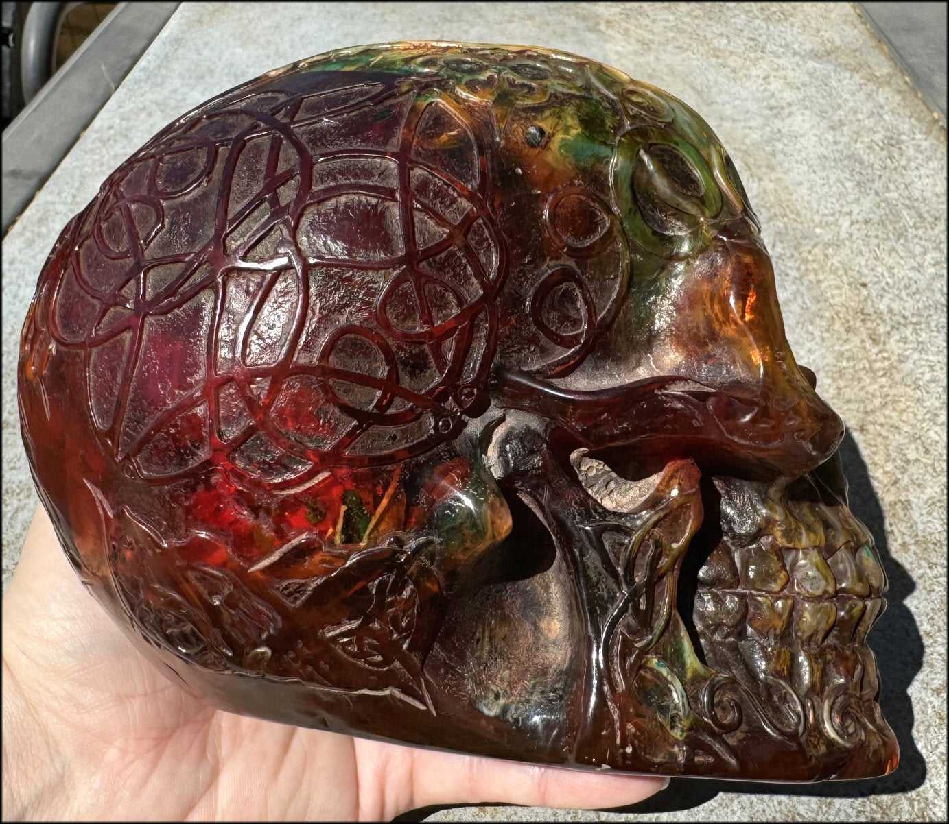 LifeSize Reconstituted Amber Crystal Skull with Celtic Knot Animals & Finger Labyrinths