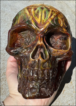 LifeSize Reconstituted Amber Crystal Skull with Celtic Knot Animals & Finger Labyrinths