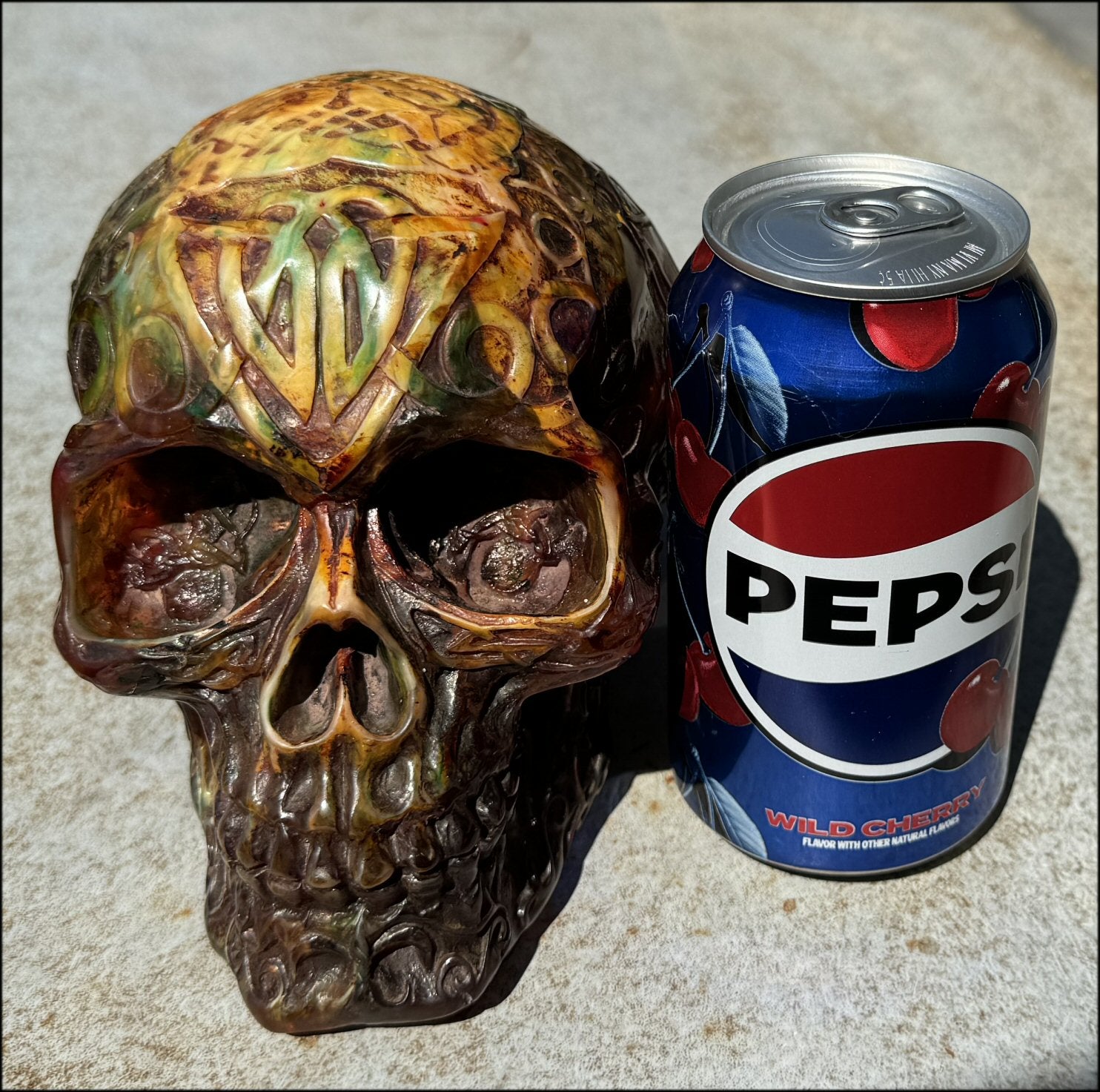 LifeSize Reconstituted Amber Crystal Skull with Celtic Knot Animals & Finger Labyrinths