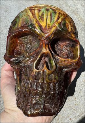 LifeSize Reconstituted Amber Crystal Skull with Celtic Knot Animals & Finger Labyrinths