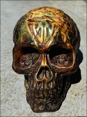 LifeSize Reconstituted Amber Crystal Skull with Celtic Knot Animals & Finger Labyrinths