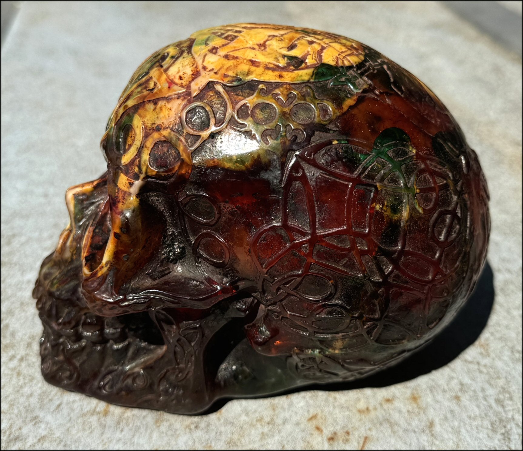 LifeSize Reconstituted Amber Crystal Skull with Celtic Knot Animals & Finger Labyrinths