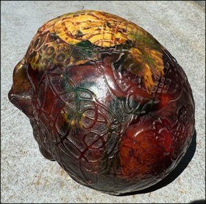 LifeSize Reconstituted Amber Crystal Skull with Celtic Knot Animals & Finger Labyrinths