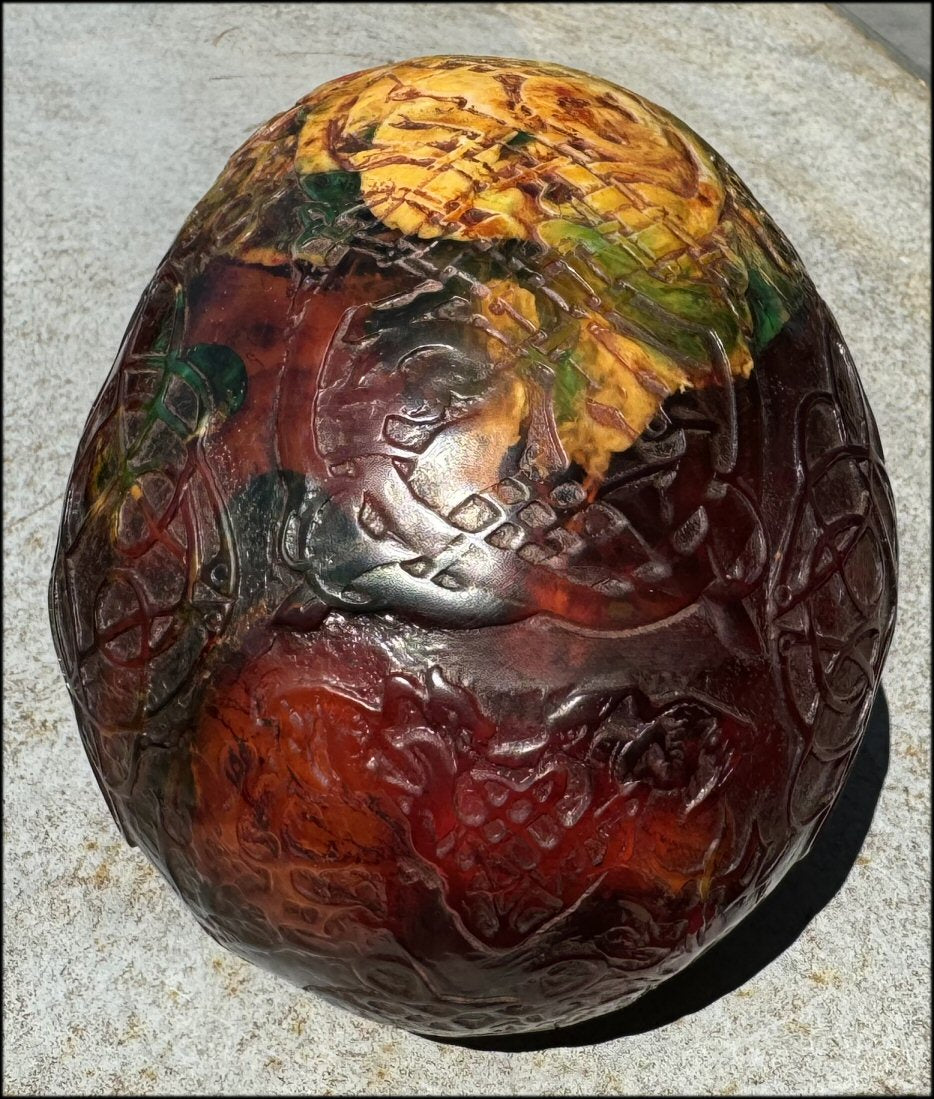 LifeSize Reconstituted Amber Crystal Skull with Celtic Knot Animals & Finger Labyrinths