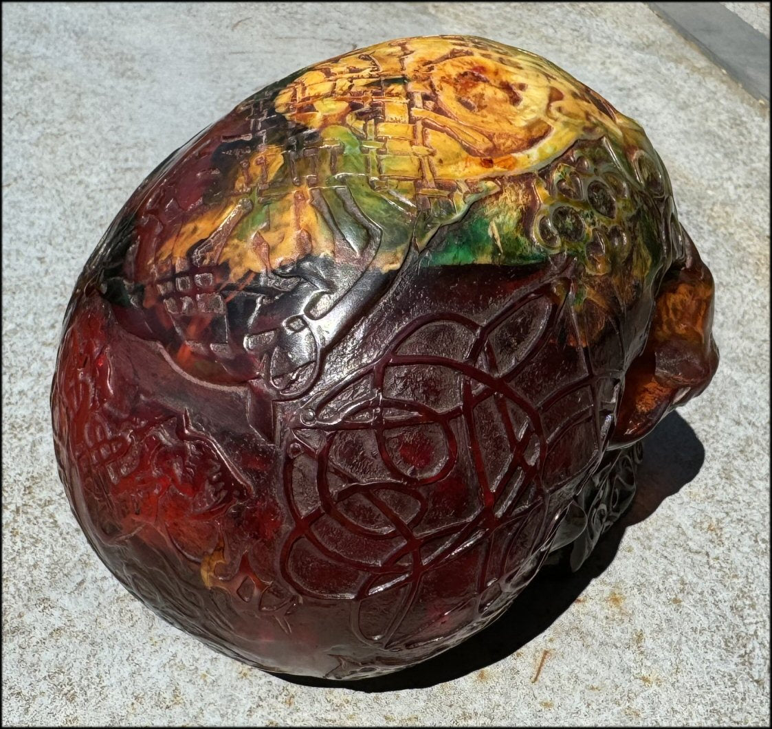 LifeSize Reconstituted Amber Crystal Skull with Celtic Knot Animals & Finger Labyrinths