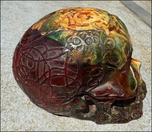 LifeSize Reconstituted Amber Crystal Skull with Celtic Knot Animals & Finger Labyrinths