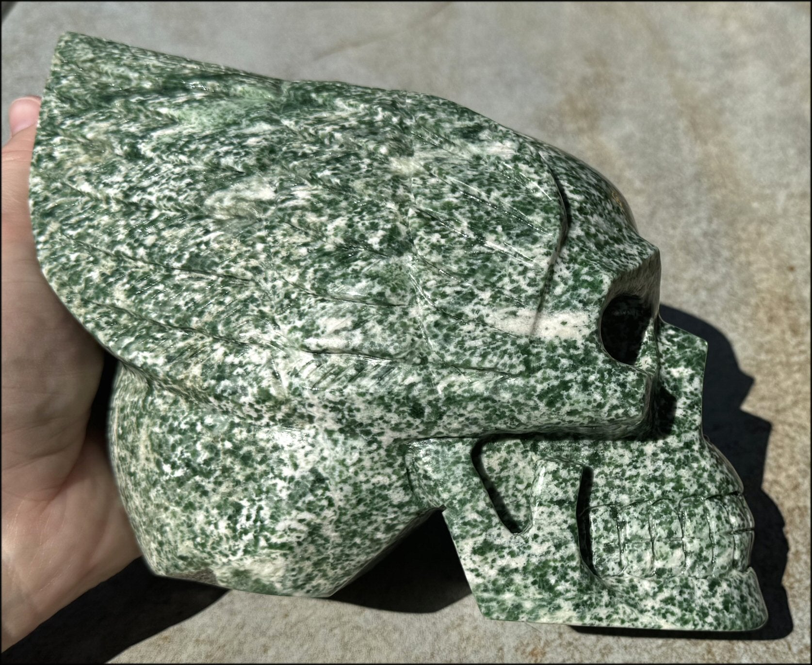 Speckled Jade Winged VOYAGER Crystal Skull - Heart Chakra, Serenity