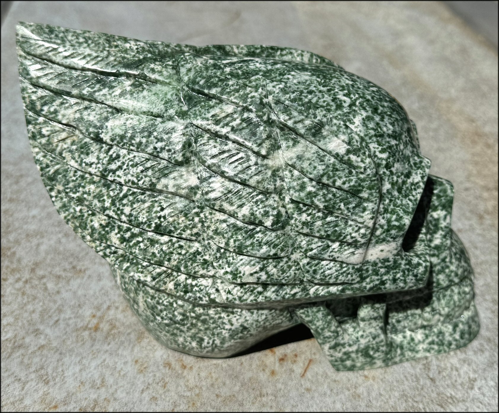 Speckled Jade Winged VOYAGER Crystal Skull - Heart Chakra, Serenity