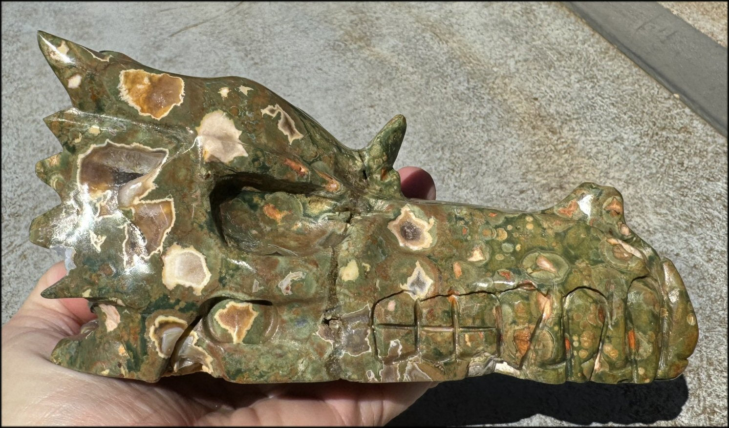 3XL Rainforest Jasper DRAGON Crystal Skull with Agate "Windows", Vugs