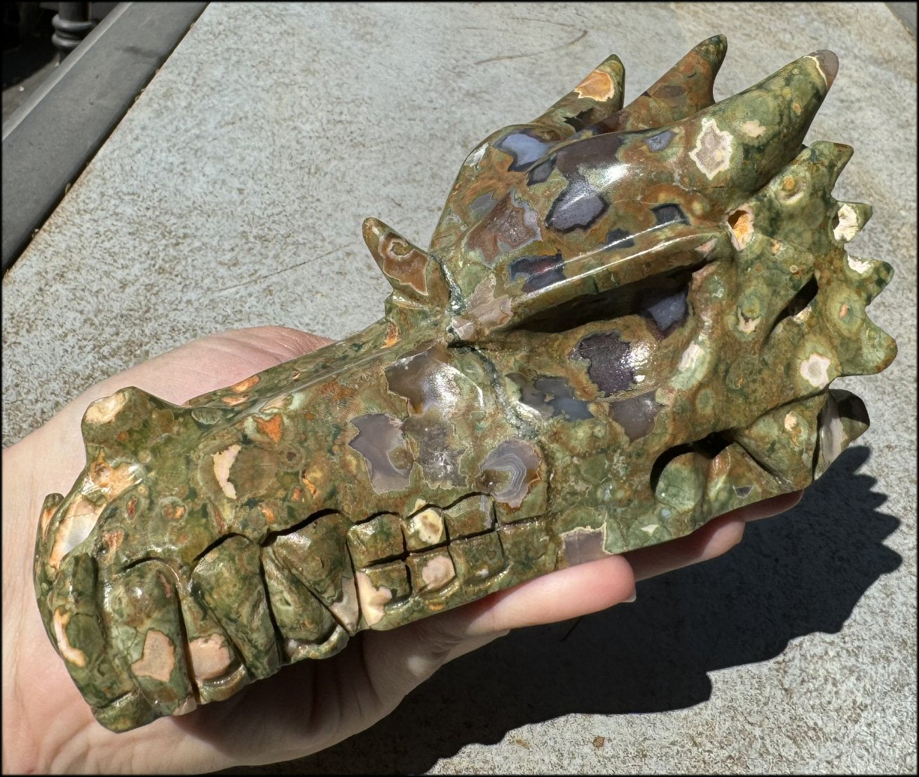 3XL Rainforest Jasper DRAGON Crystal Skull with Agate "Windows", Vugs