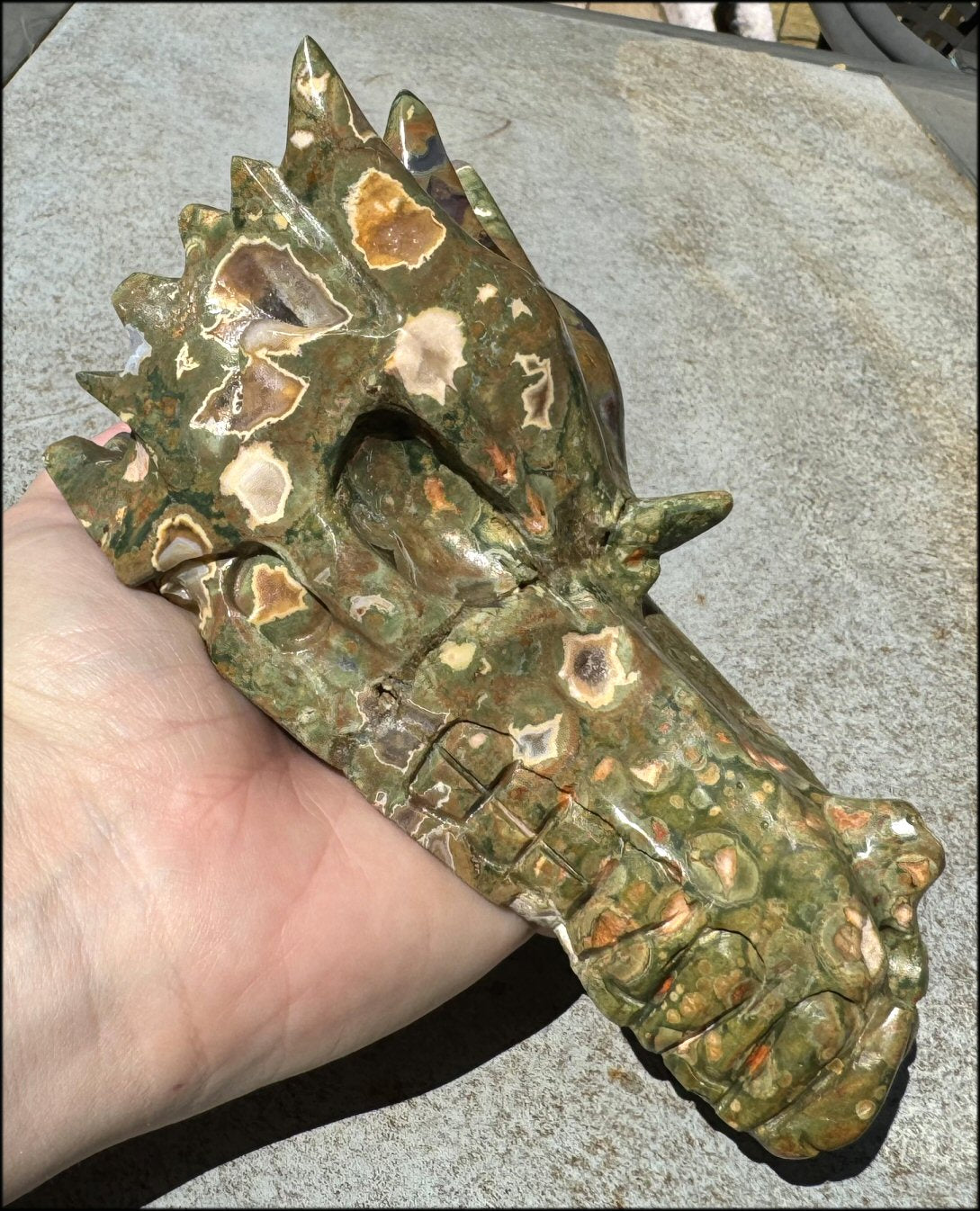 3XL Rainforest Jasper DRAGON Crystal Skull with Agate "Windows", Vugs