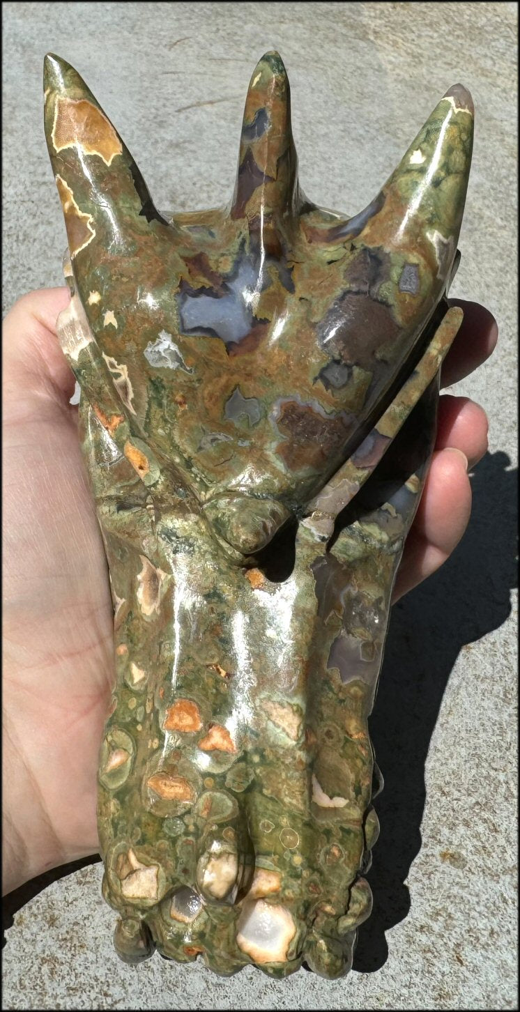 3XL Rainforest Jasper DRAGON Crystal Skull with Agate "Windows", Vugs