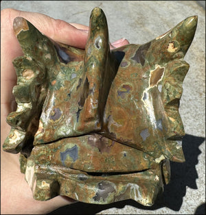 3XL Rainforest Jasper DRAGON Crystal Skull with Agate "Windows", Vugs