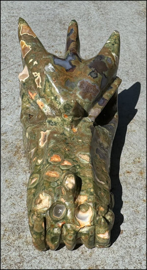 3XL Rainforest Jasper DRAGON Crystal Skull with Agate "Windows", Vugs