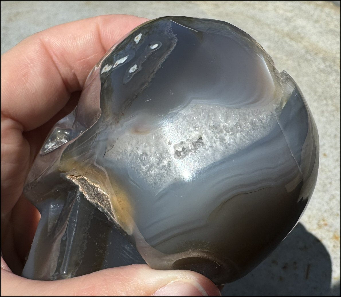 XL Agate GEODE Crystal Skull with Fantastic large Druzy Lined VUG!