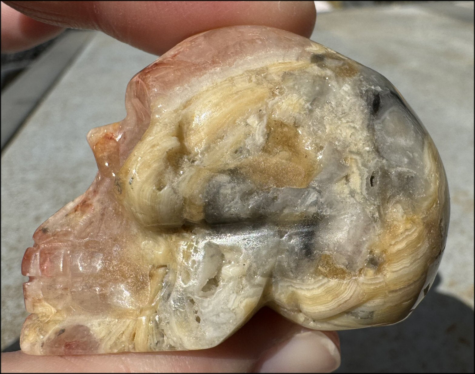 Crazy Lace Agate CRYSTAL SKULL - Laughter, Balance