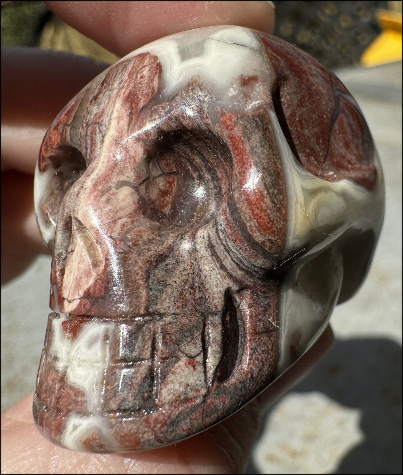 Pink + Red Silver Leaf Jasper CRYSTAL SKULL with Fantastic Agate inclusions