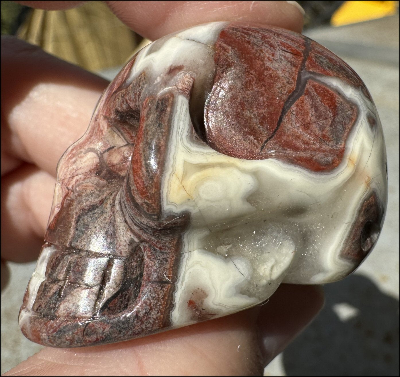 Pink + Red Silver Leaf Jasper CRYSTAL SKULL with Fantastic Agate inclusions