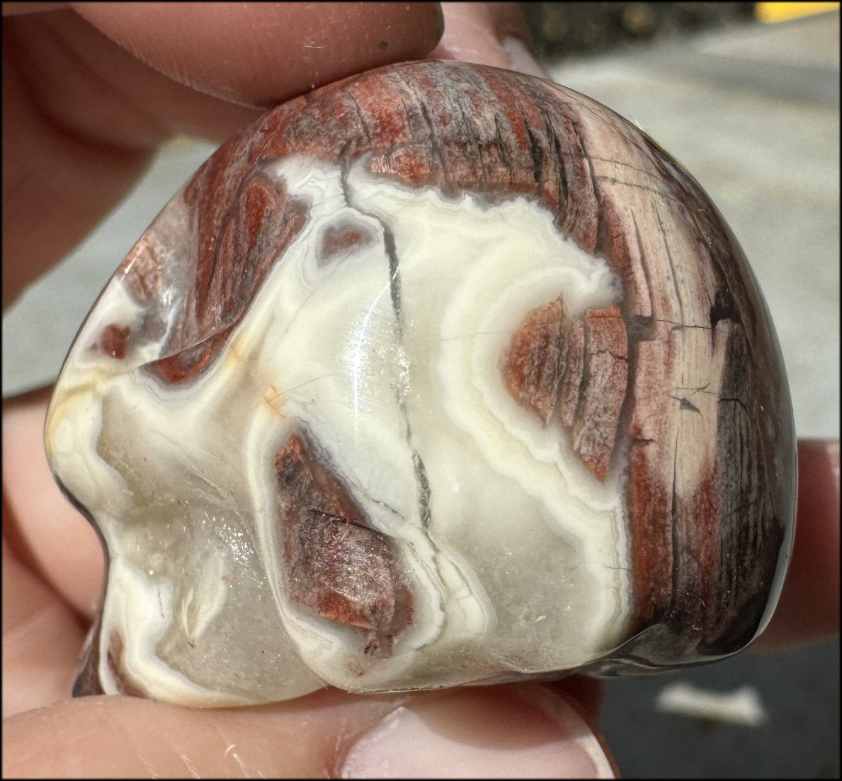 Pink + Red Silver Leaf Jasper CRYSTAL SKULL with Fantastic Agate inclusions