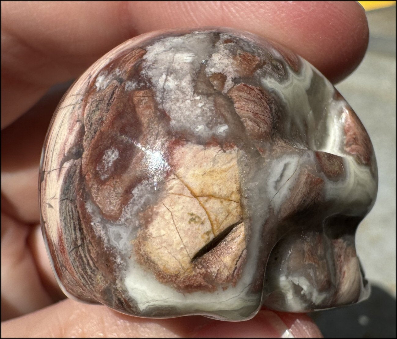 Pink + Red Silver Leaf Jasper CRYSTAL SKULL with Fantastic Agate inclusions