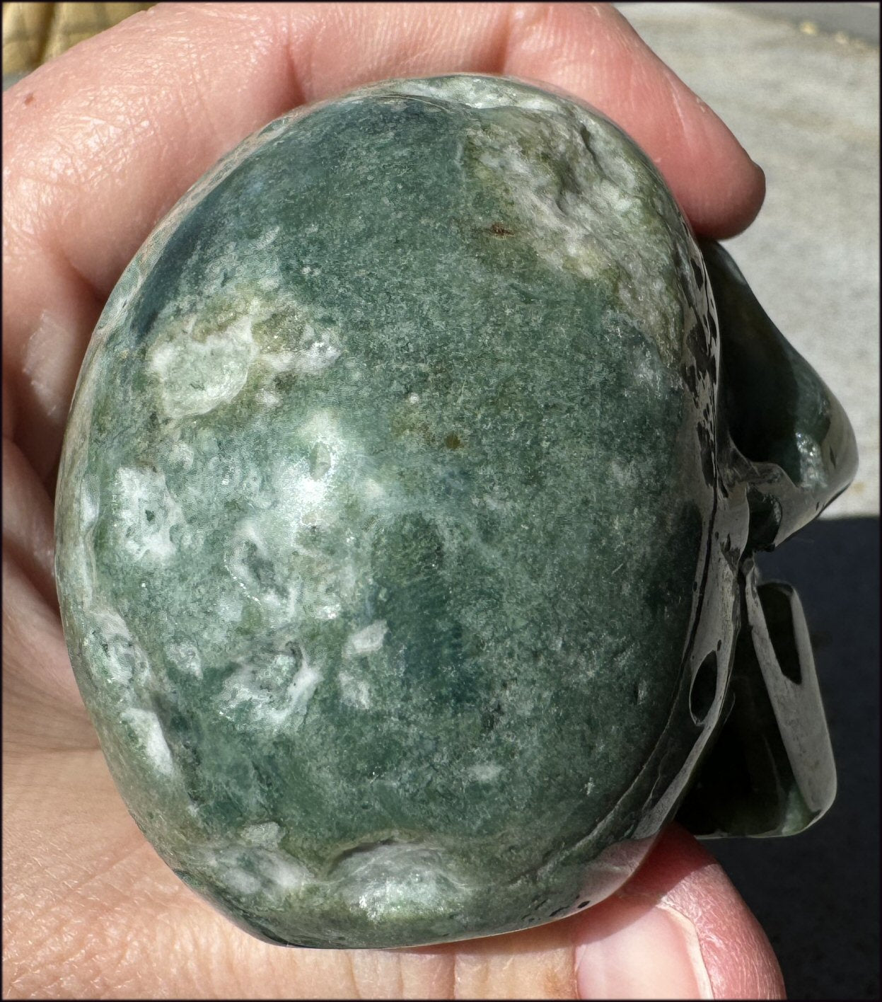 Lg. Moss Agate CRYSTAL SKULL - Decrease Stress, Increase Positivity!