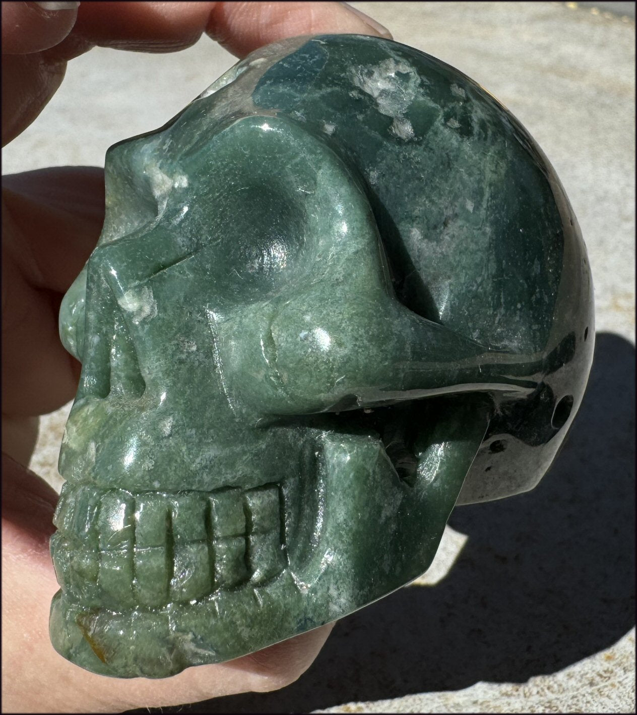 Lg. Moss Agate CRYSTAL SKULL - Decrease Stress, Increase Positivity!