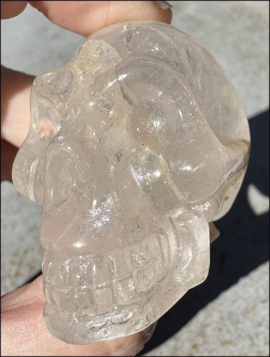 Himalayan QUARTZ Crystal Skull with Golden Healer Hematite, Shimmery Rainbows