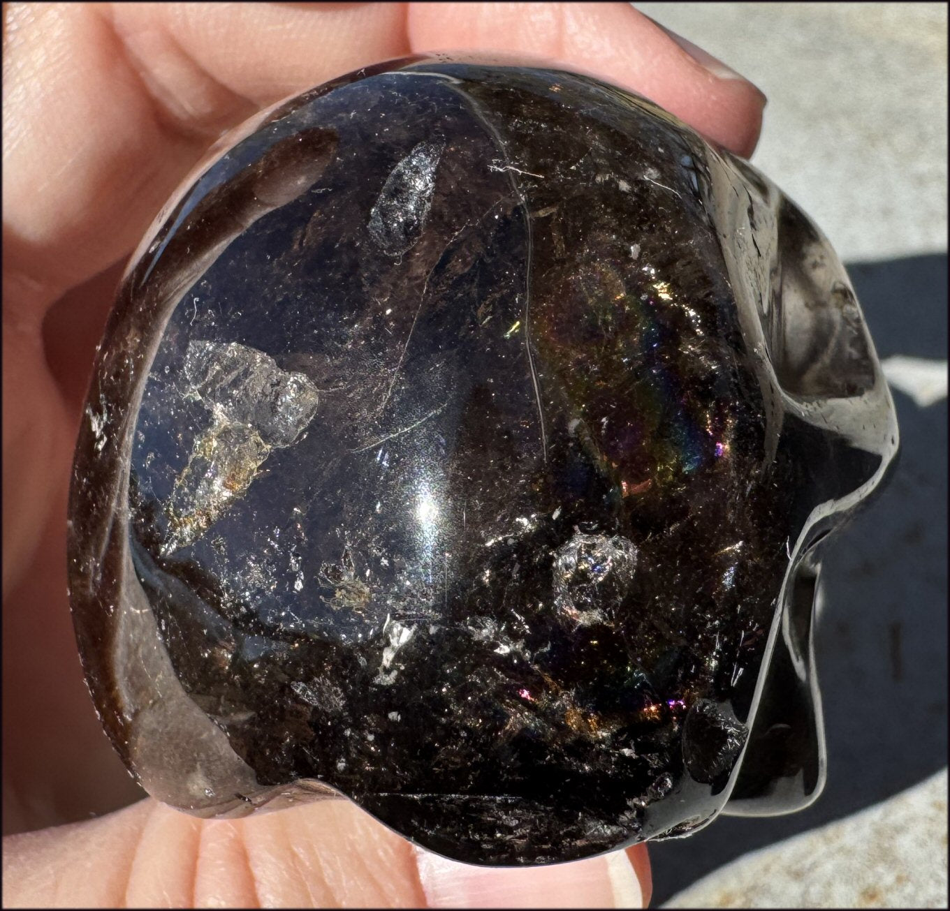 Lg. DARK Smoky Quartz Crystal Skull with Hematite, Rainbows - Dissolve negativity