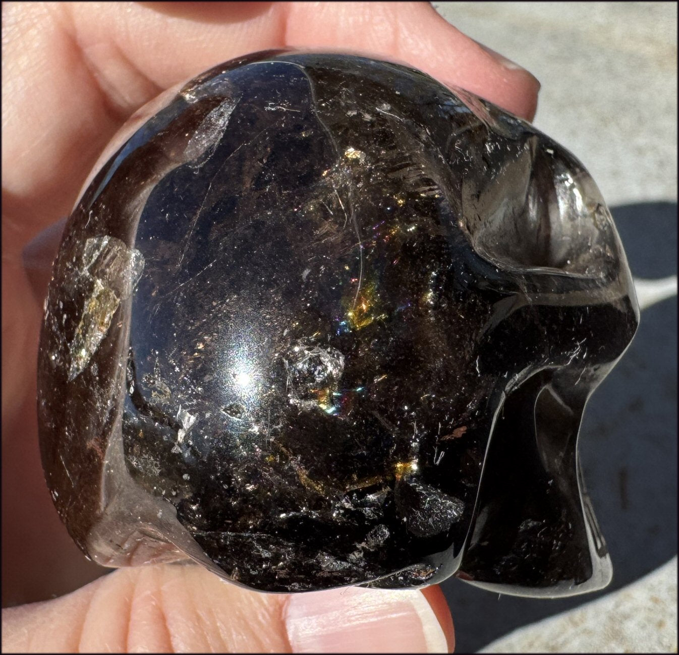 Lg. DARK Smoky Quartz Crystal Skull with Hematite, Rainbows - Dissolve negativity