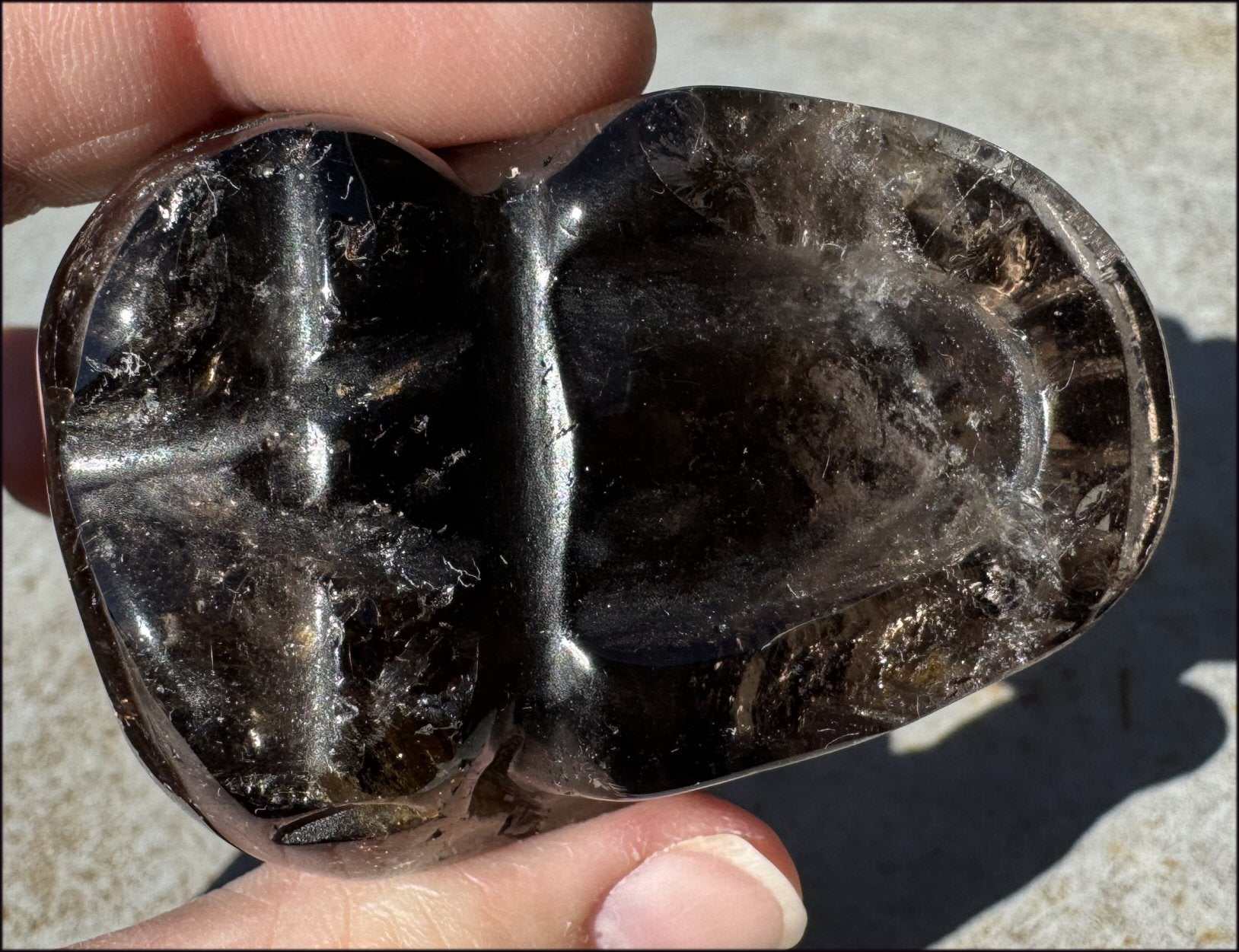 Lg. DARK Smoky Quartz Crystal Skull with Hematite, Rainbows - Dissolve negativity