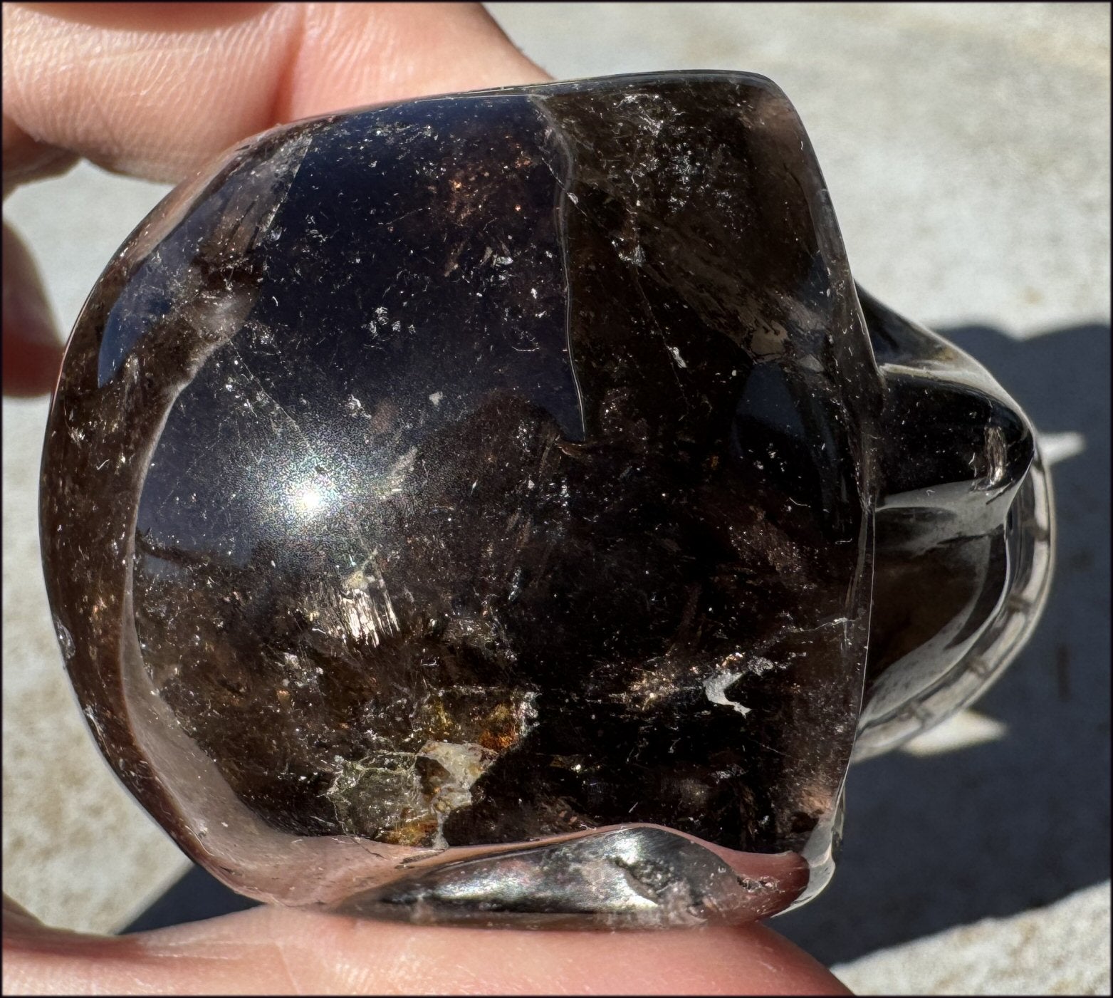 Lg. DARK Smoky Quartz Crystal Skull with Hematite, Rainbows - Dissolve negativity