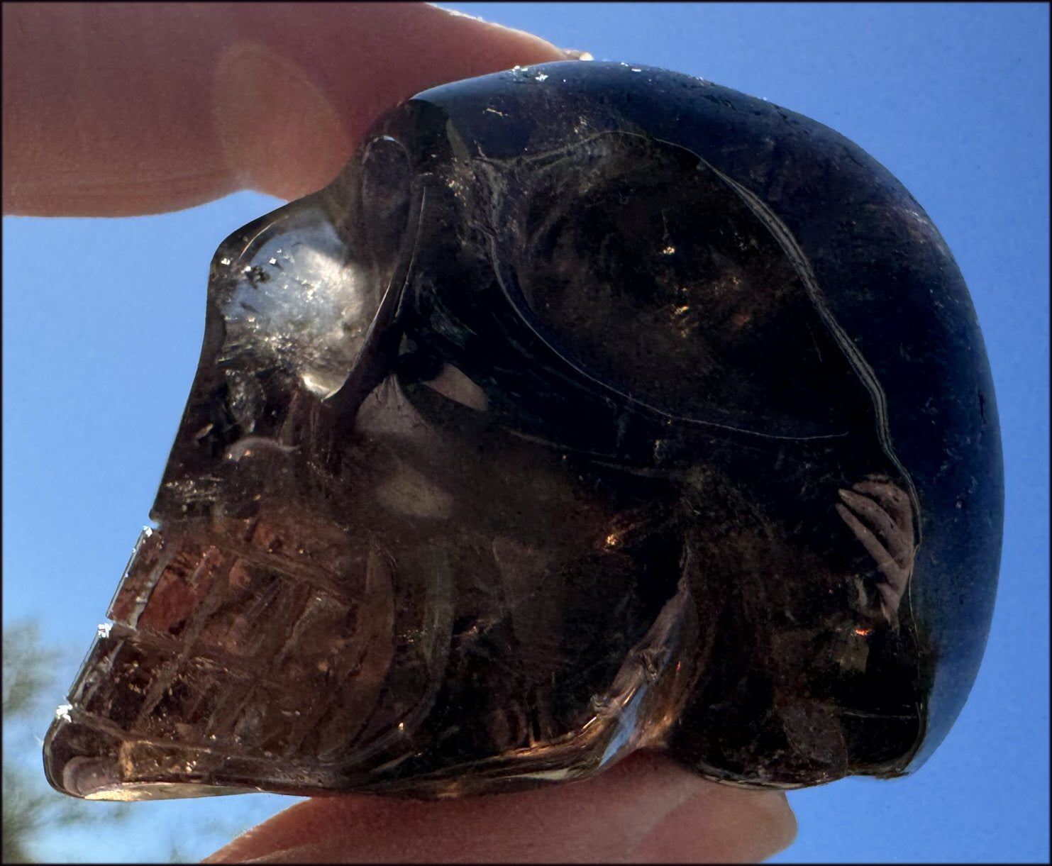 Lg. DARK Smoky Quartz Crystal Skull with Hematite, Rainbows - Dissolve negativity