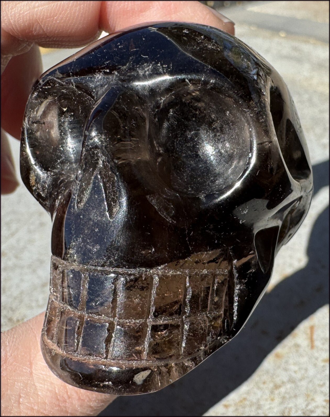 Lg. DARK Smoky Quartz Crystal Skull with Hematite, Rainbows - Dissolve negativity