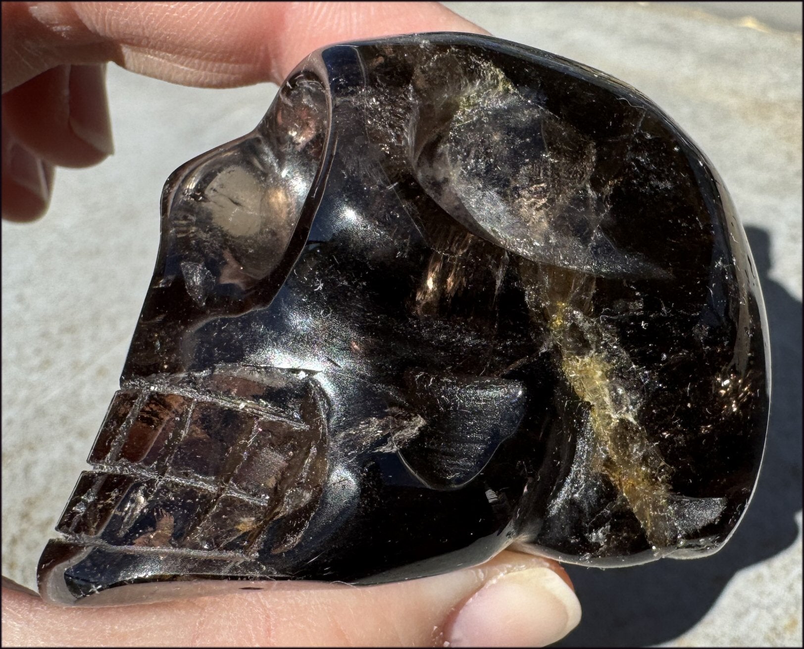 Lg. DARK Smoky Quartz Crystal Skull with Hematite, Rainbows - Dissolve negativity