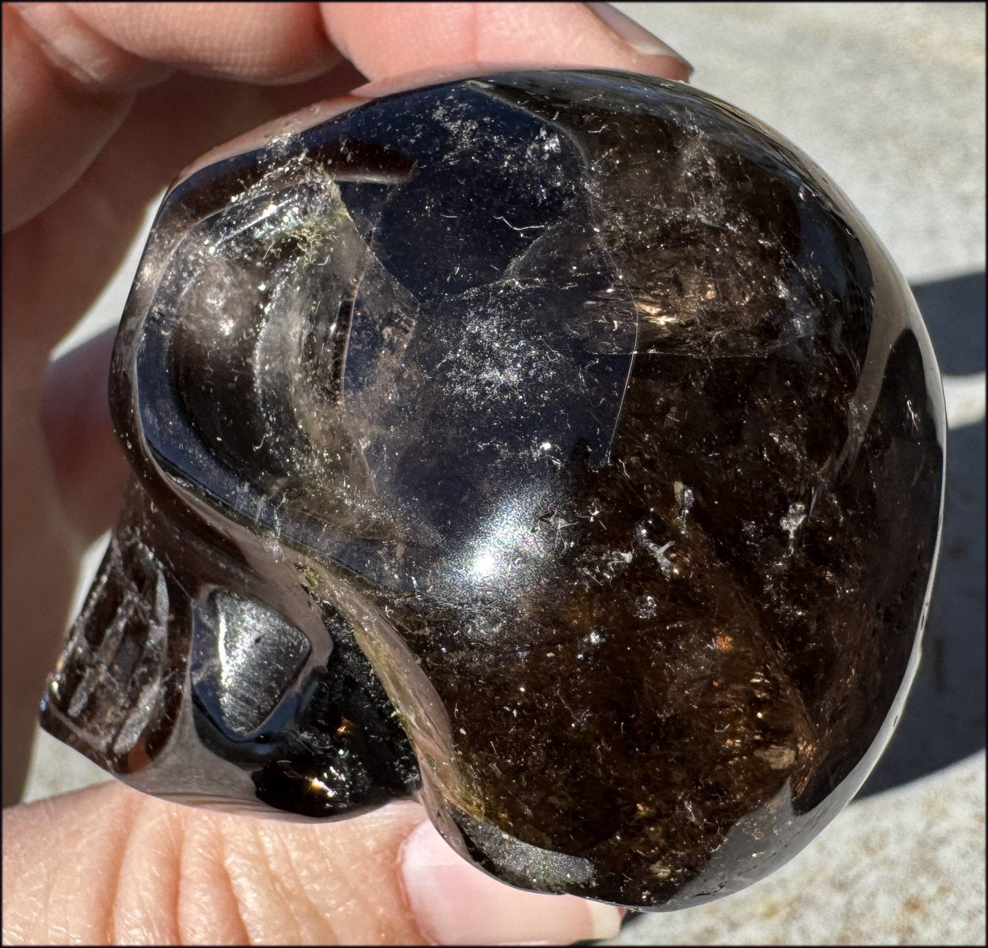 Lg. DARK Smoky Quartz Crystal Skull with Hematite, Rainbows - Dissolve negativity