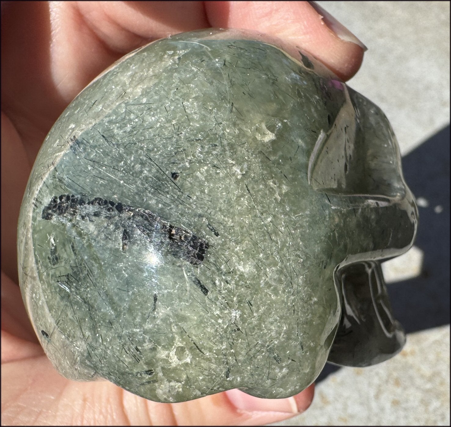 RARE Prehnite CRYSTAL SKULL with Epidote, Amphibole inclusions - with Synergy 13+years