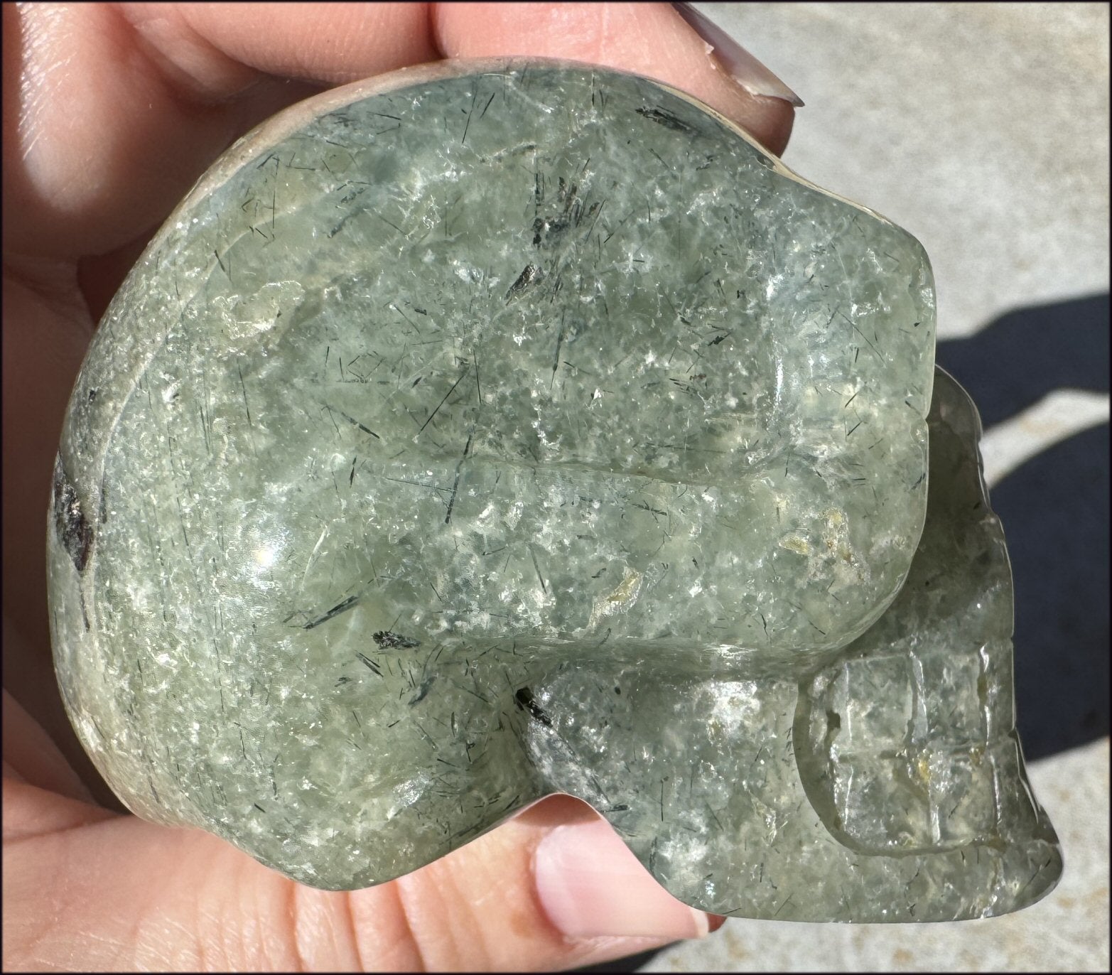 RARE Prehnite CRYSTAL SKULL with Epidote, Amphibole inclusions - with Synergy 13+years