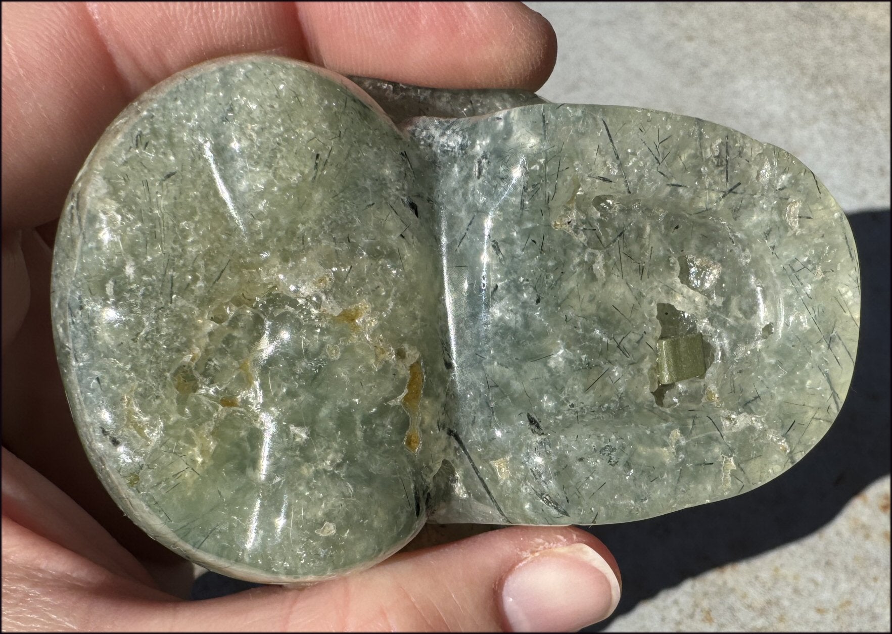 RARE Prehnite CRYSTAL SKULL with Epidote, Amphibole inclusions - with Synergy 13+years