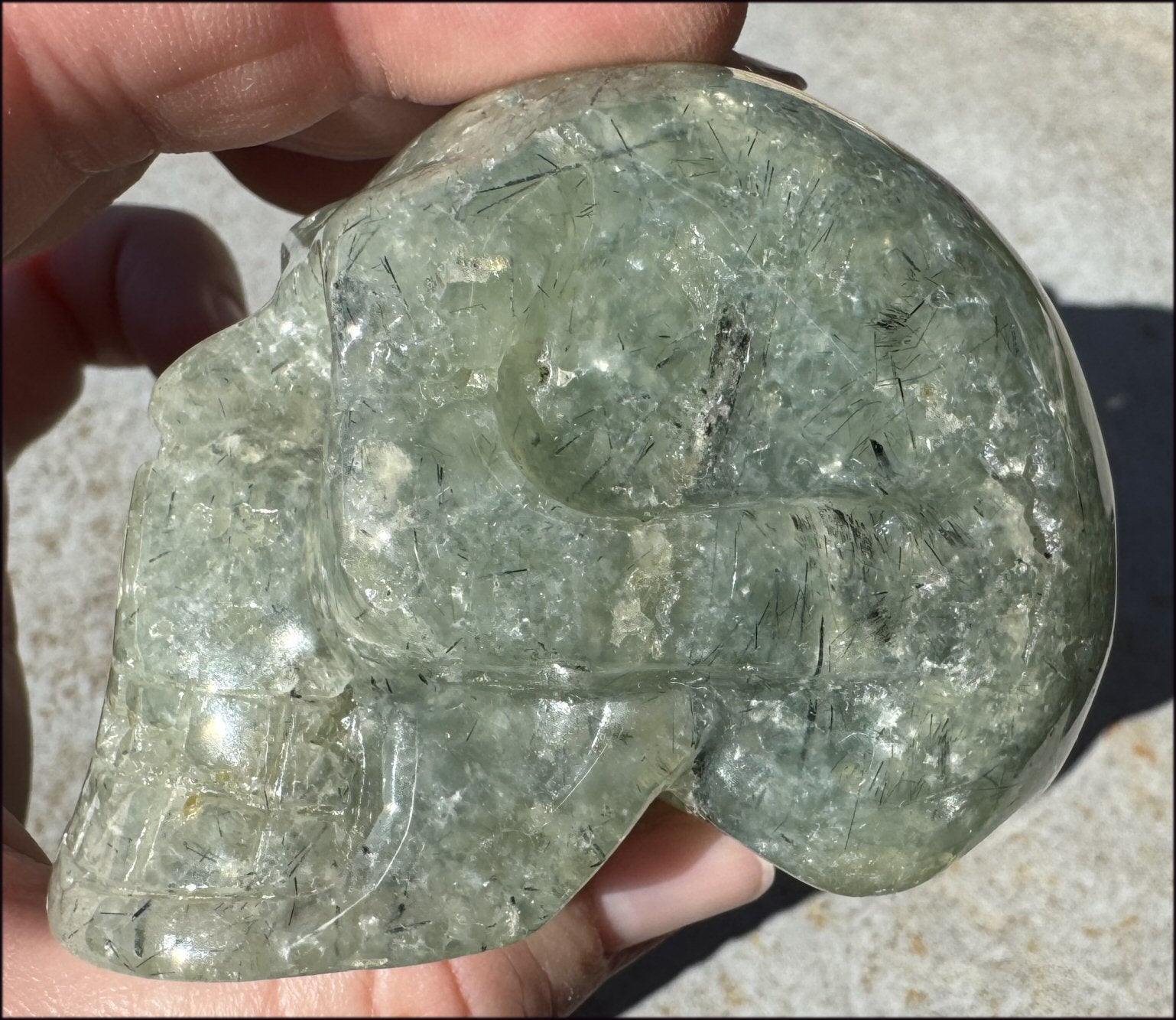 RARE Prehnite CRYSTAL SKULL with Epidote, Amphibole inclusions - with Synergy 13+years